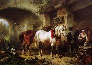Wouterus Verschuur Paarden en personen op een binnenplaats France oil painting artist